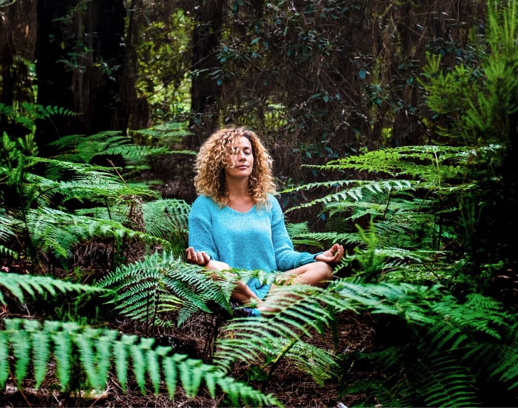 Mujer meditando en bosque de helechos
